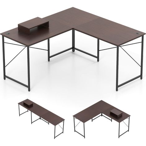 Bureau d'angle en L 150 x 150 x 75 cm avec prise intégrée et support ajustable design moderne en café