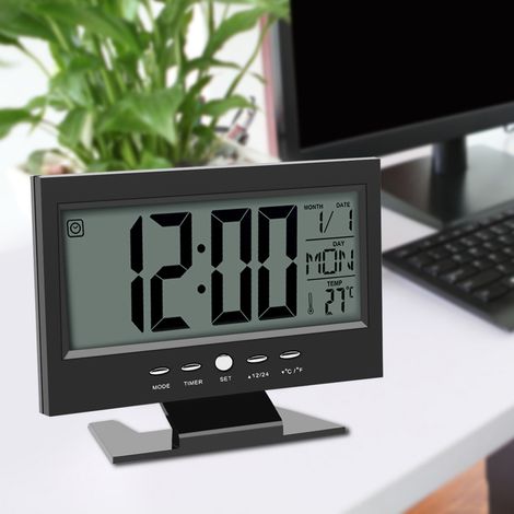 LCD-Digital-Tischwecker mit Geräuschsensor, Kalender- und Temperaturanzeige, Schwarz (1/5)