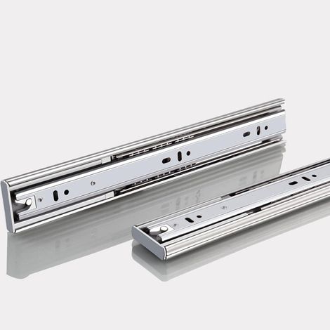 Coulisses tiroir amorties silencieuses inox, roulements à billes, charge 45 kg, extension totale 300 mm, montage latéral, 1 paire argent