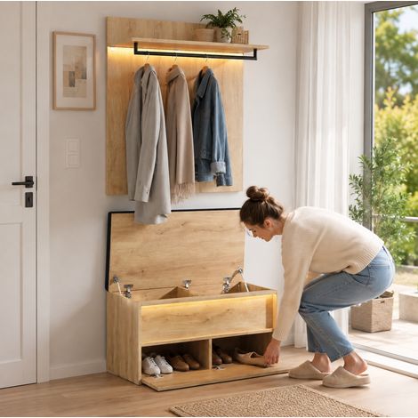 MODFU – Set vestidor de pared 90x47x145 cm de MDF/aglomerado con banco zapatero, LED, barra de 30 kg y 4 compartimentos – Roble (1/5)