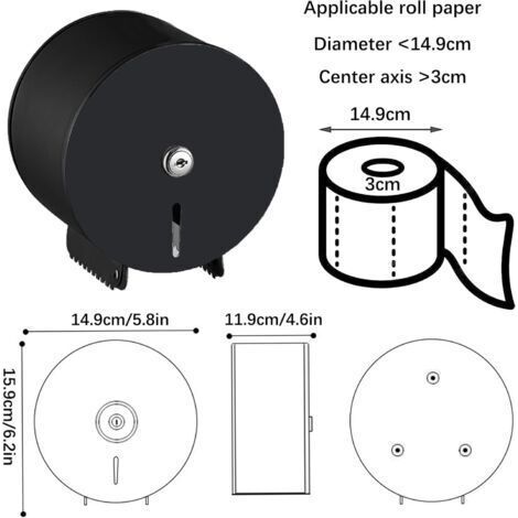 Distributeur de serviettes pour les mains verrouillable en acier inoxydable - Porte-papier toilette professionnel - Diamètre : 149 mm, hauteur : 30 mm - Noir (1/3)