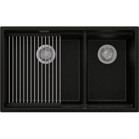 PRIMAGRAN Evier Cuisine en Granit 76x47cm, Lavabo 2 bacs + Kit de Vidage + Accessoire, Évier à Encastrer au meuble 80cm - Prague Slim Duo, Noir Métallisé