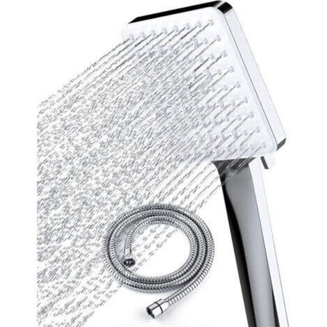 Pommeau de Douche Haute Pression avec Tuyau de 1,5 m Pommeau Douche Economie Deau avec 6 Modes de Douche Réglable Universelle Grande Douchette Douche, Carrée Chromés