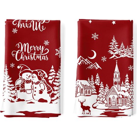 Lot de 2 Torchons de Cuisine Hiver Noël Chalet Décoratif Essuie Main Absorbante 100% Coton Torchon Vaisselle Saisonnier Cadeaux pour Crémaillère et Cuisine 48 cm x 70 cm (1/5)