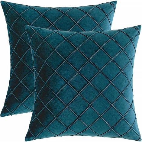 Lot de 2 Housses de Coussin Satinées Quadrillées Bleu Vert, Style Européen 45x45cm, Décoration Moderne pour Salon et Canapé