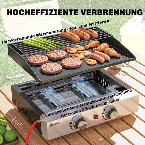 Barbecue gaz 5 kW, plancha portable 2 feux, revêtement céramique, grille cuisson et réchaud. (1/4)