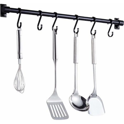 Barre Murale Cuisine Ustensiles  40CM Barre Étagère de Cuisine avec 6 Crochets Amovibles, Rack Porte Étagère à Fixation Murale (Noir)