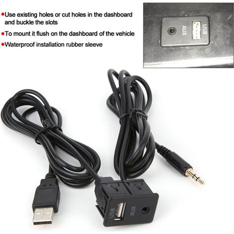 AUX/USB-Audio-Verlängerungskabel mit Einbauanschluss – 3,5-mm-Klinkenstecker und USB-Stecker für Auto und Boot (1,45 m, integrierte Installation)