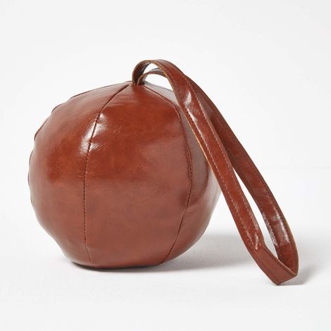 HOMESCAPES Brown Round Faux Leather Door Stop