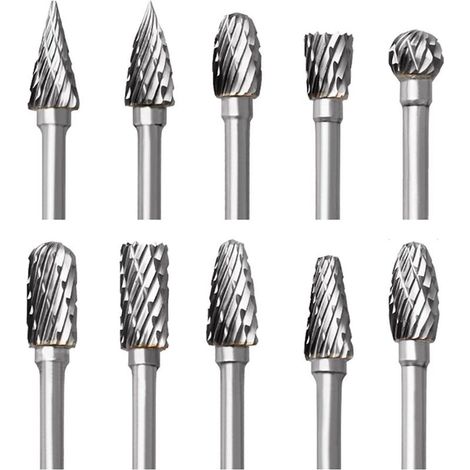 Jeu de Fraises Rotatives en Carbure, 10 pièces Double Coupe Fraises pour Dremel Accessoires avec Tige Sculpture sur bois, Perçage, Gravure, Polissage de Métal