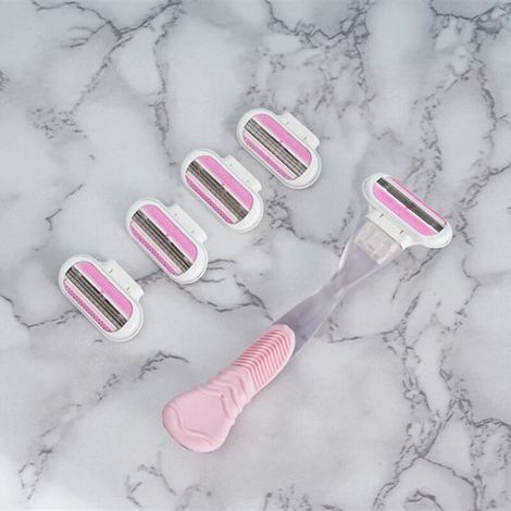 Rasoir Femme 3 Lames Anticoupure - Pour Axilles et Jambes - 1 Manche Rose Vintage + 4 Recharges Rose (1/4)