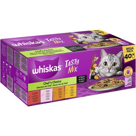 Whiskas 1 cibo per gatti Tasty Mix Chef's Choice in salsa, 40 x 85 g (1 confezione) – cibo umido di alta qualità per gatti adulti in 40 sacchetti