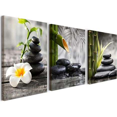 Lot de 3 tableaux muraux zen pour salon, bambou et pierres, 30 x 40 cm, sur toile avec cadre en bois de pin, style minimaliste nature avec bande , impression HD aux couleurs résistantes (1/5)