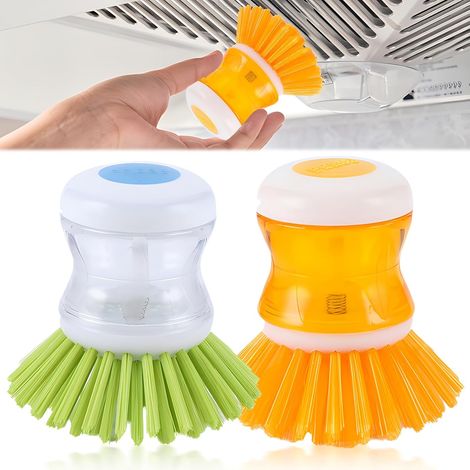 Lot de 2 brosses à Vaisselle Rechargeables, Brosse à Vaisselle avec Distributeur de Liquide Vaisselle,Brosse de Cuisine pour Vaisselle,casseroles, poêles, Nettoyage d'évier (Jaune/Vert) (1/5)