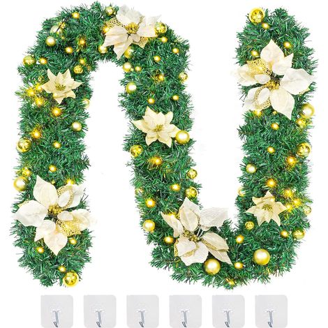 Guirlande Sapin Artificiel 2.7M,Guirlande de Noël Sapin avec LED,Couronne de Noël Porte avec 6 Crochets,pour Décor Porte Cheminée Escaliers Fête,Intérieure Extérieure (Or) (1/5)