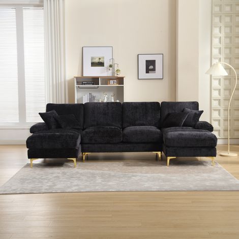 Sofa U-Form mit 2 Liegeflächen Chenille Schwarz OKMYHOME (1/5)