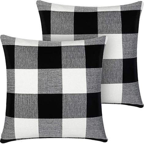 Sollbry Juego de 2 fundas de almohada a cuadros de búfalo, cuadradas de poliéster en blanco y negro para decoración del hogar, sofá, coche, cama, 45,7 x 45,7 cm (1/5)