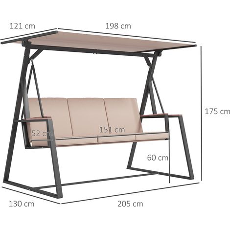 Banquette balançoire Hollywood 3 places avec coussin et toit réglable jusqu’à 300 kg kaki 205x130x175 cm pour jardin et terrasse (1/5)