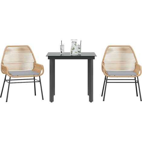 3-tlg. Garten-Essgruppe mit Kissen Braun Poly Rattan Glas