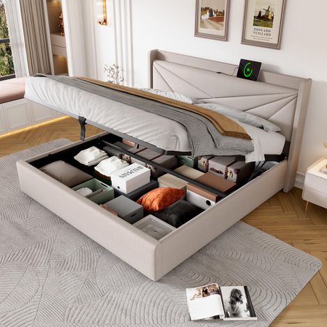 Lit double capitonné avec rangement, coffre de lit avec port USB Type-C, tête de lit, lit coffre, cadre de lit en lin, lit enfant 180x200 avec sommier à lattes (1/5)