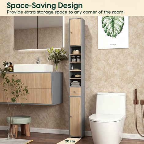 Slim Freestanding Tall Bathroom Storage Cupboard 180.34cm, Space-Saving Organiser with 2 Cabinets, 5 Open Shelves, 1 Drawer & Anti-Tipping Safety Device (1/5)