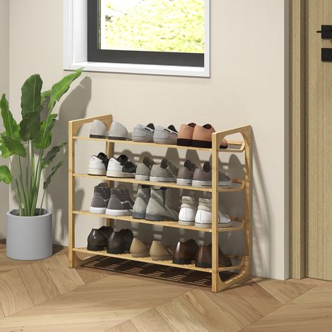 Schuhregal mit 4 Ablagen, Lattenrost für 12 Paar Schuhe, Bambus, 76 x 33 x 67 cm, Naturholz