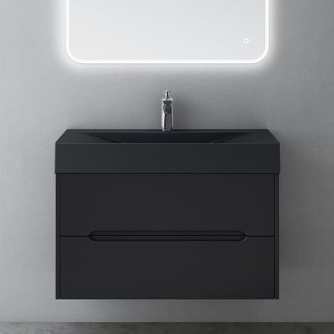 Mai & Mai Badezimmermöbel Waschbeckenunterschrank mit Softclose Schubladen inkl. Mineralguss Waschbecken 80cm in Matt Schwarz Badmöbel-Set Yoga