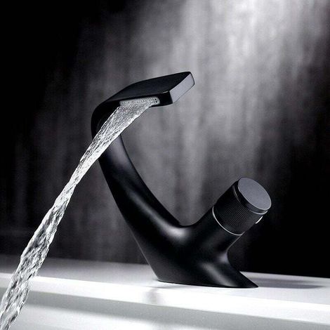 Robinet de lavabo monotrou cascade, robinet d'évier de salle de bain en laiton, robinet d'évier de baignoire design de luxe (noir，18 x 13cm)