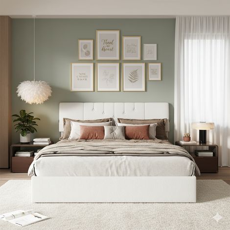 Lit Double Adulte 140x190 cm Velours Teddy avec Coffre de Rangement, LED et USB - Style Moderne - Blanc (1/5)