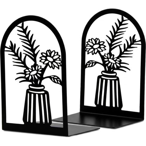 Serre-Livres Métal, Lot de 2 Support Livres Design Fleurs, Serre-Livres Robuste pour Bibliothèque, Décoratif pour Bureau, École, Maison, Noir (1/5)