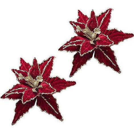 Lot de 2 fleurs artificielles de Noël en velours pailleté avec pétales ajustablesrouge vin (1/5)
