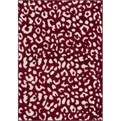 Tapis salon, 240 x 340 cm, motif animaux léopard graphique, bordeaux et beige, poil ras doux et résistant