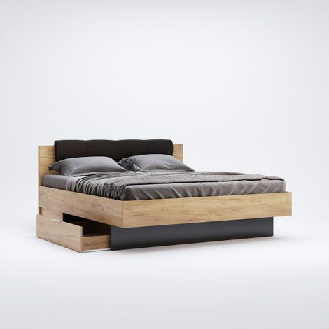Cama LUNA con cajones y mesas de noche suspendidas, roble claro 180x200 cm