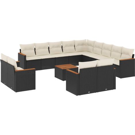 Salon de jardin avec coussins 14 pcs noir résine tressée (1/3)