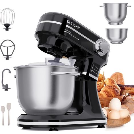 Robots Pâtissiers 1500W – Multivitesse 2 Bols Inox 4,5L+5,5L, 12+ Vitesses, Fouet, Batteur, Crochet, Fermentation, Balance, Minuteur (1/5)