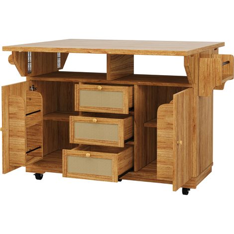 Chariot de cuisine pliant 95 cm avec tiroirs en rotin PE, table à roulettes mobile pour cuisine, balcon et camping, marron foncé (1/5)