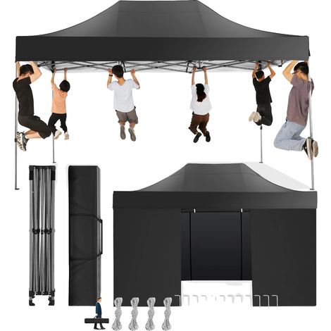 Tente Gazebo, Tissu Imperméable, Hauteur Réglable, Noir (1/2)