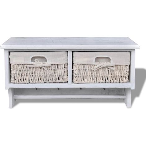 Porte-manteau mural Étagère avec 2 paniers et 4 crochets Bois de paulownia Blanc 60 x 23,5 x 33 cm (1/5)