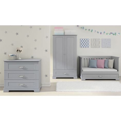 Komplettes Schlafzimmer mitwachsendes Bett 70x140 Wickelkommode und 2-türiger Schrank Bellamy Ines Grau