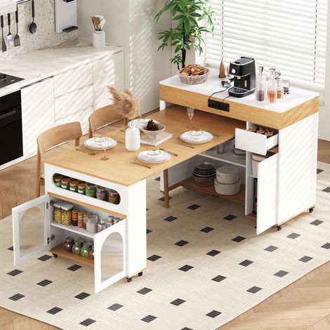 Îlot de cuisine mobiles avec rangement,plan de travail,table à manger extensible avec multiprises et plateau en verre cannelé,Blanc + Naturel (1/5)