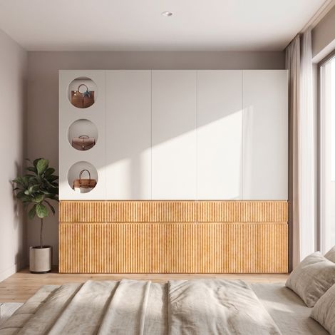 Armario de dormitorio 225x50x200 cm, con 10 puertas, 3 cajones y estante esquinero, gran ropero de almacenaje en MDF nórdico, Madera (1/5)