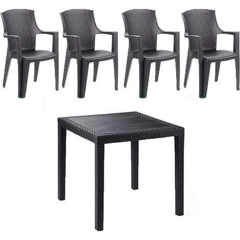 Tavolo da giardino con 4 sedie braccioli in resina antracite effetto rattan bar pub ristorante balcone terrazza interno esterno (1/5)