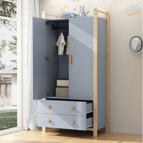 Armoire 89.6x44x180.5 cm bleue et bois en MDF et bois massif avec penderie et 2 tiroirs (1/5)