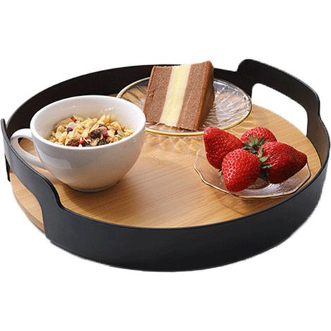 Plateau de service rotatif multifonctionnel en bambou avec poignées, idéal pour les fruits et les en-cas, noir. (1/5)