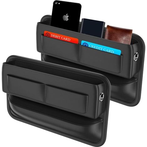 Organizador de espacio para asientos de coche, 2 unidades, bolsillo de cuero sintético para consola delantera, para teléfonos móviles, llaves, tarjetas, gafas y carteras. (1/4)