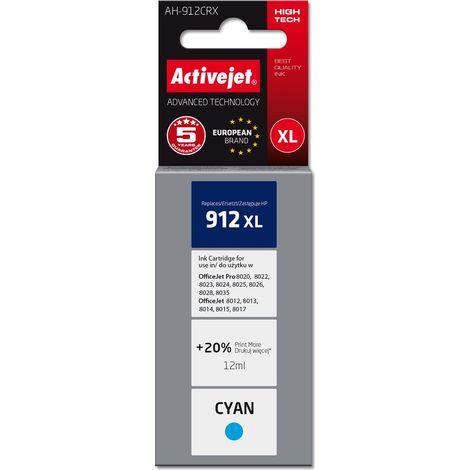 Encre Activejet AH-912CRX pour imprimantes HP. Compatible avec HP 912XL 3YL81AE qualité supérieure 990 pages 12 ml, bleu.