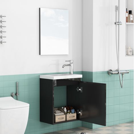 Hängender Badschrank 40 cm Hochglanz-Schwarz mit Keramikwaschbecken und Spiegel (1/5)