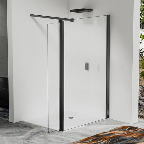Paroi de douche à l’italienne 100x200 cm avec déflecteur 30x200 cm - Barre 140 cm - Alu noir mat