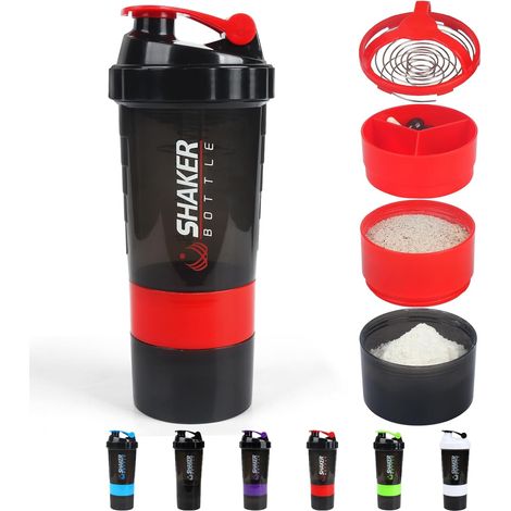 Gourde shaker à protéines, gourde de sport étanche pour mélange de protéines - Antidérapante 3 couches, 47 cl avec pilulier (Noir) Rouge