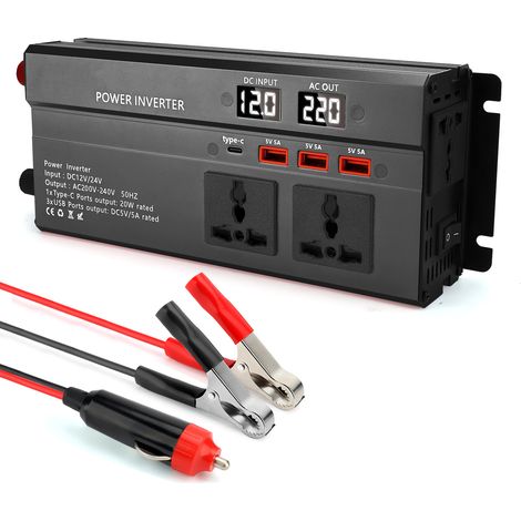Convertisseur 12v /24V 220v 1000W convertisseur de Tension Onduleur avec écran LCD USB d'un Port Type-C et d'un Écran LCD(Noir)